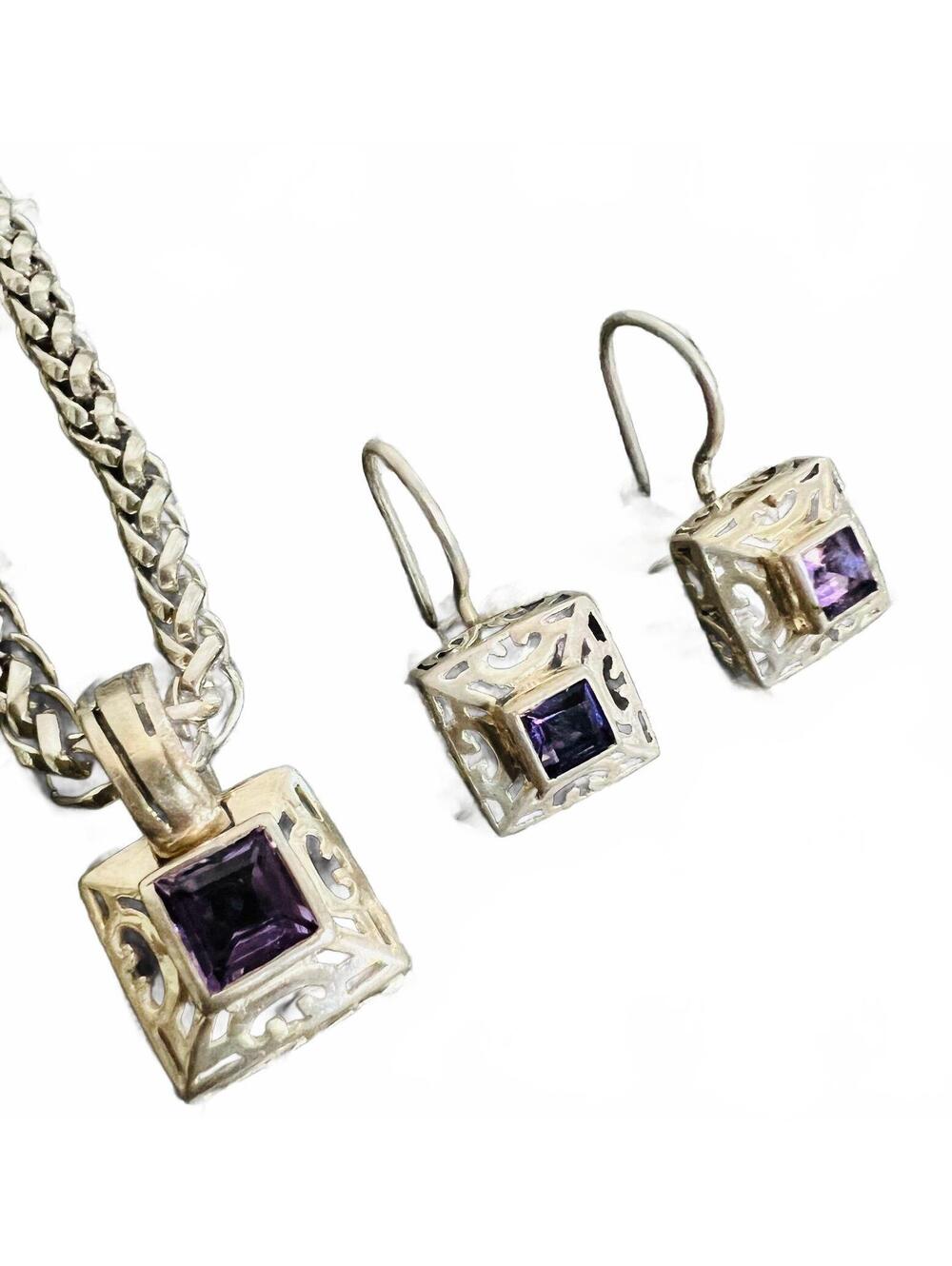 Estate Amethyst Pendant Necklace earring set sterling silver 925 filigree vtg